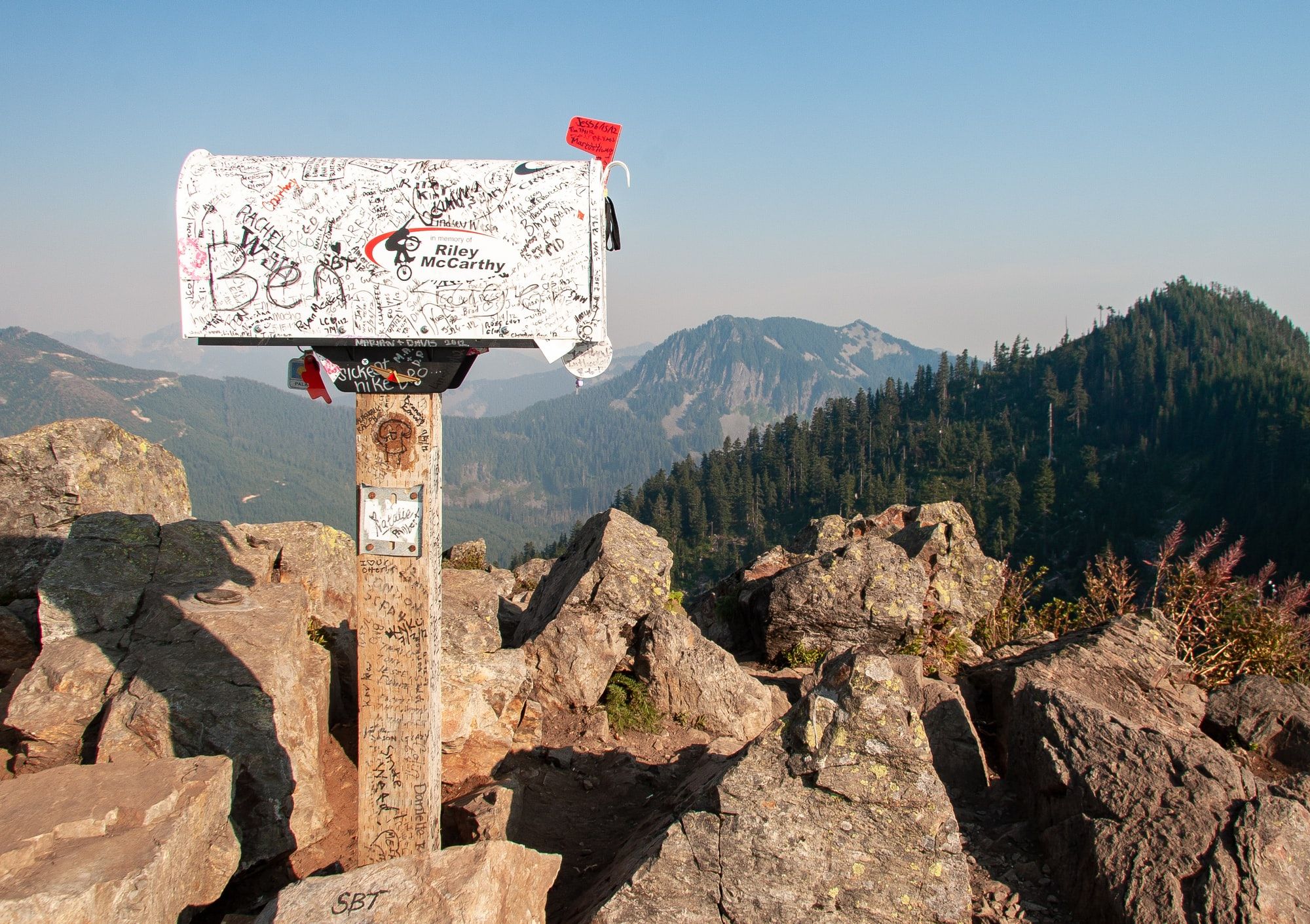 This mailbox has been sitting atop Mailbox Peak – the summit’s retronym – for a few decades. It’s mostly there to hold the summit register but has evolved into the register itself and a sort of treasure trove of trinkets that people leave in the box. The trail was steep and unrelenting, somewhat limiting the exposure, but with a new, easier trail in place it sees quite a few visitors these days.